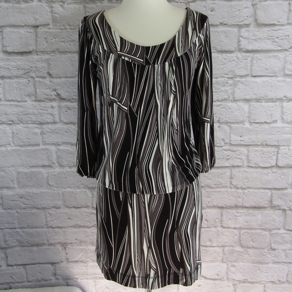 BCBG abstract pattern grey, cream & black dress